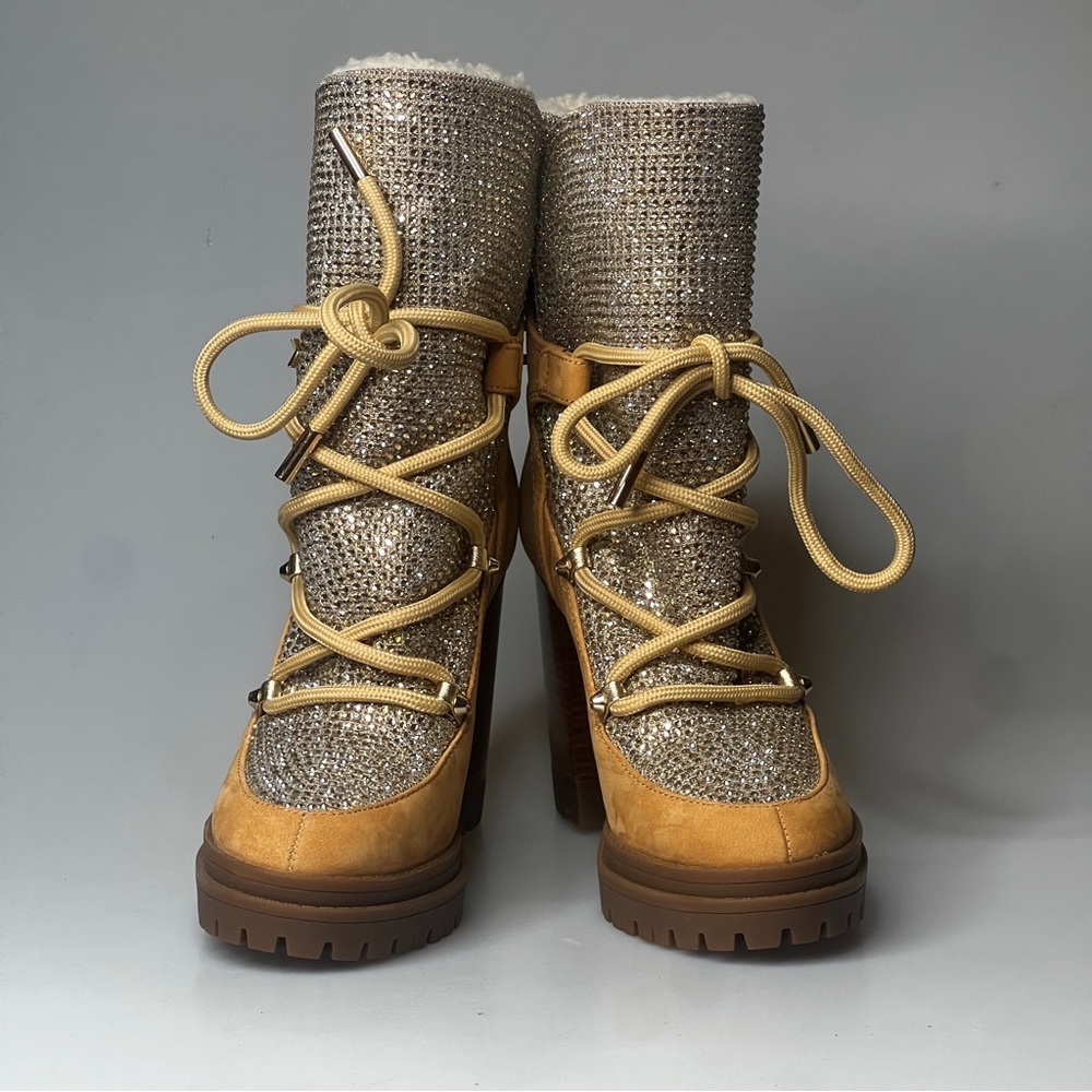Michael Kors Glittering Silver and Tan Lace-Up Boots